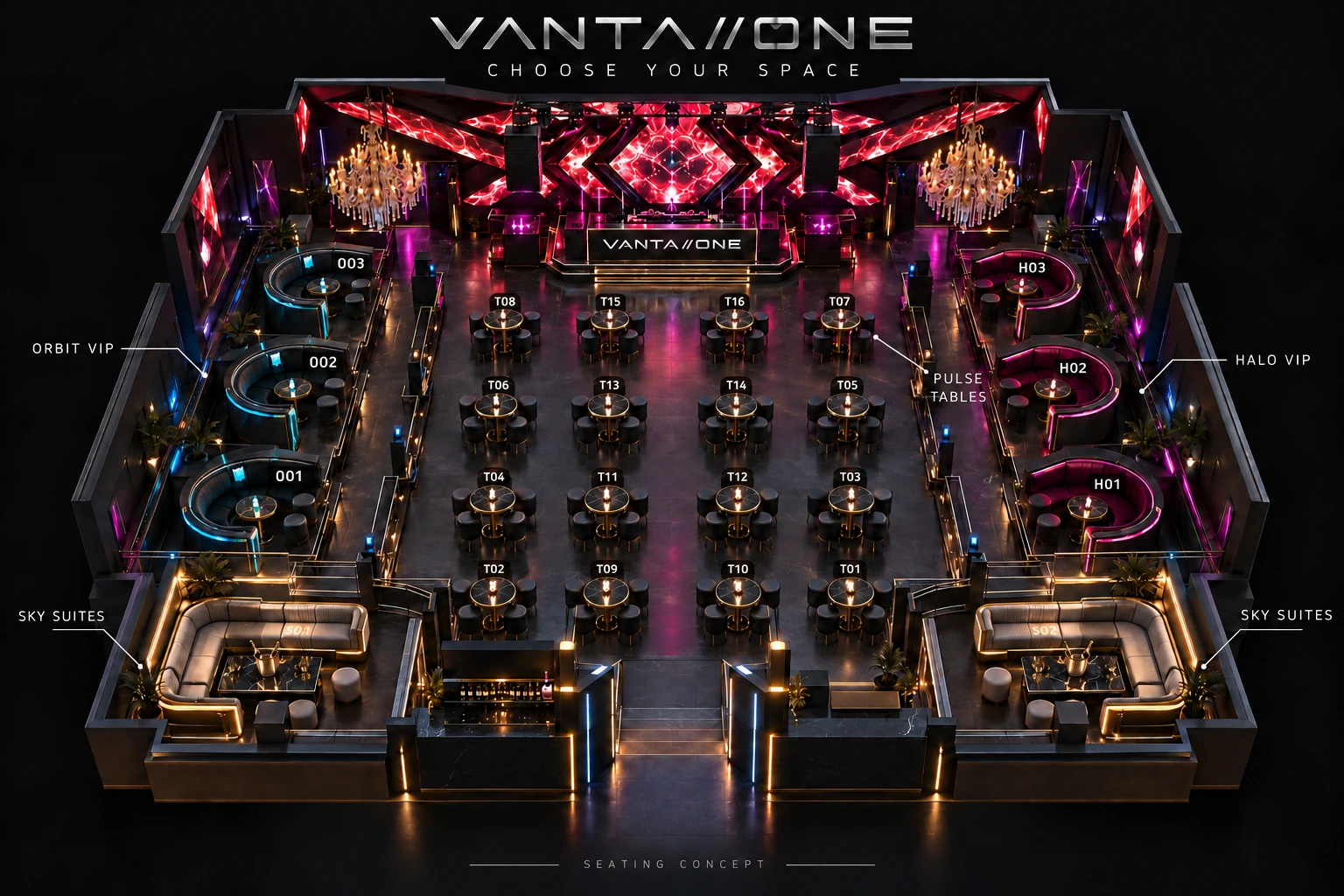 Vanta One 3D seating map with Orbit VIP, Halo VIP and Sky Suites